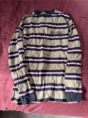 Welcome Brand Striped Long Sleeve Skate Tee - Army green black pink L